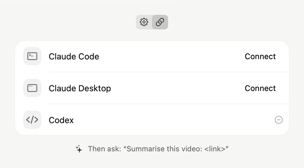 Recap's Connections settings for Claude Code, Claude Desktop and Codex
